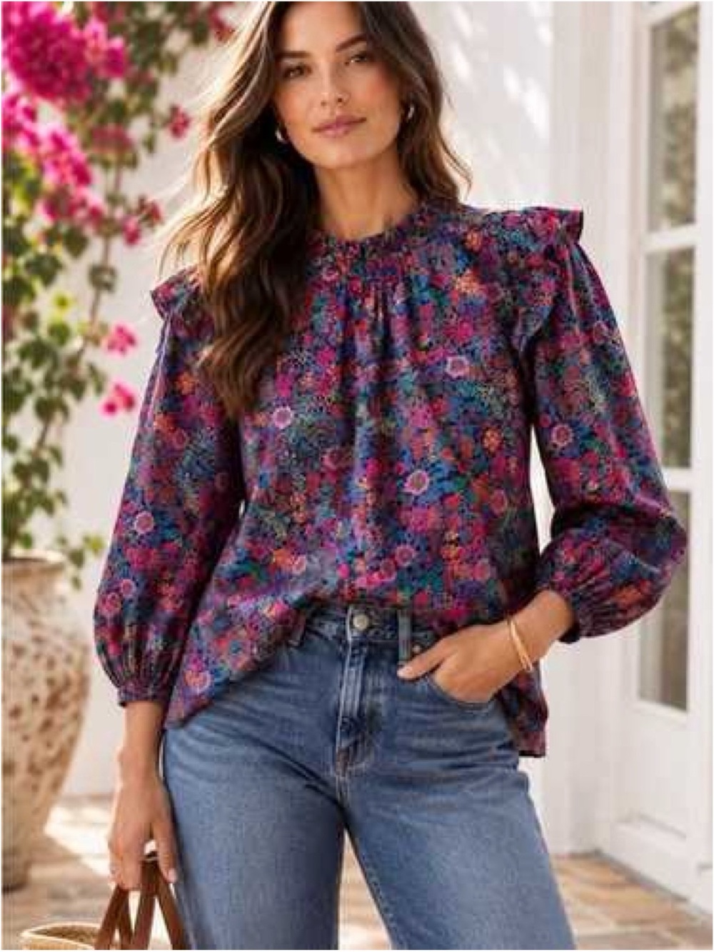 J. Crew x Liberty Ciara Ruffle Shoulder Cotton Blouse - Picture 1 of 6